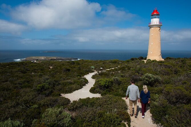 Two walkers on a sandy path through low heath toward a white lighthouse